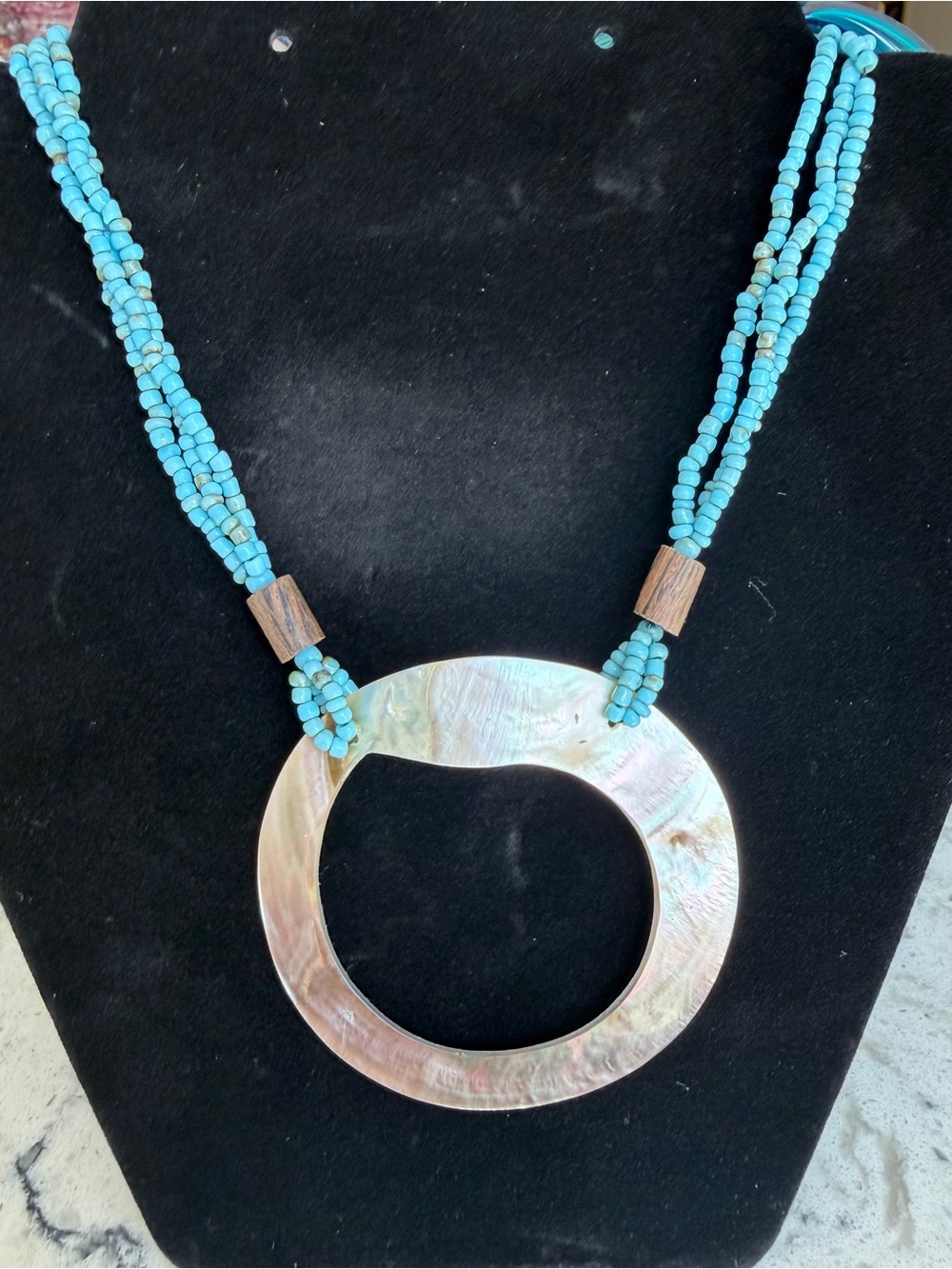 Turquoise Bead Necklace with Iridescent Shell Pendant - Women Jewelry